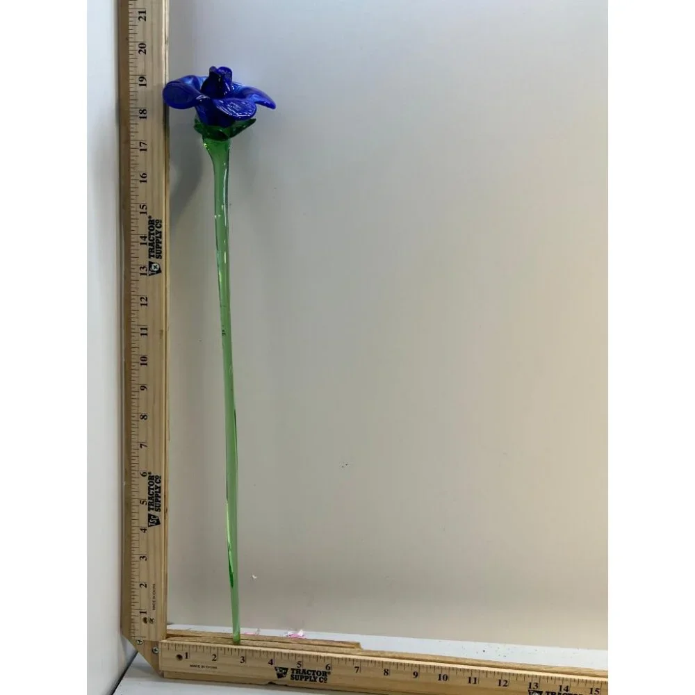 Hand Blown Blue Glass Flower Stem Art Sculpture Tall Decorative Home Display - Picture 1 of 3
